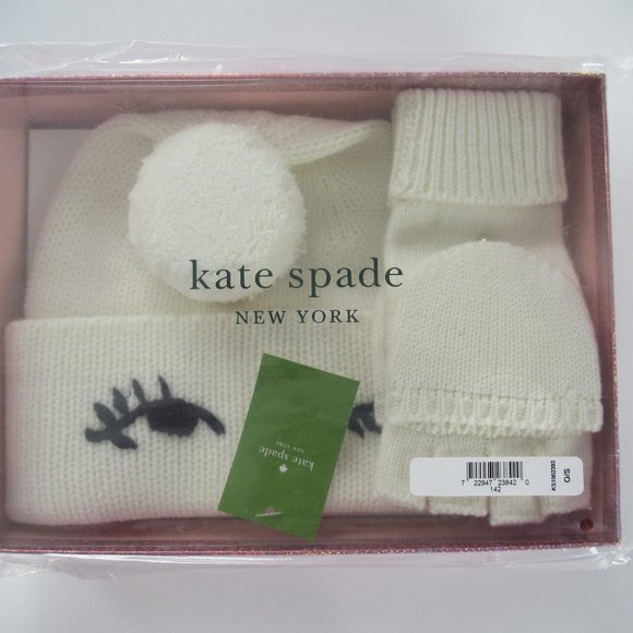 Kate Spade Winking Beanie Cuffed Hat Pop Top Convertible Mittens Box Gift Set - Picture 1 of 4
